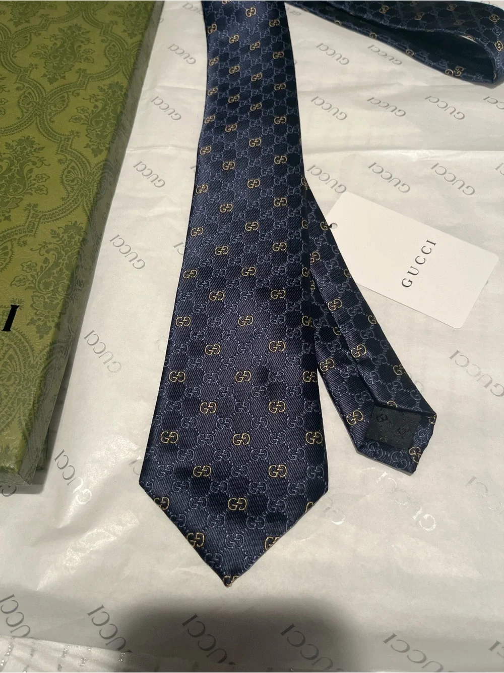 Gucci Men's Navy Blue GG Silk Tie with Gold Monogram